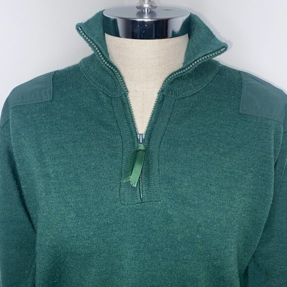 Vintage LL Bean Mens Wool Sweater Elbow Shoulder Patches Green 1/4 Zip Sz L USA - Picture 2 of 10